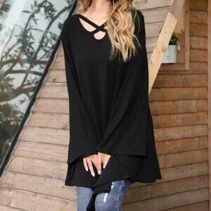 Criss cross neck long sleeve black tunic